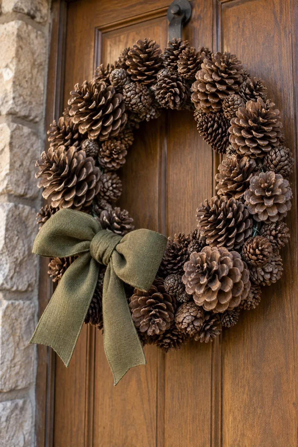 Pinecone ring wreath with a moss green fabric bow