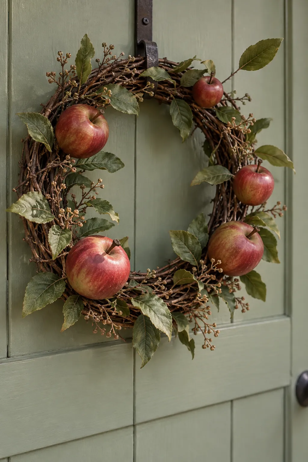 Muted red apple wreath with twig branches