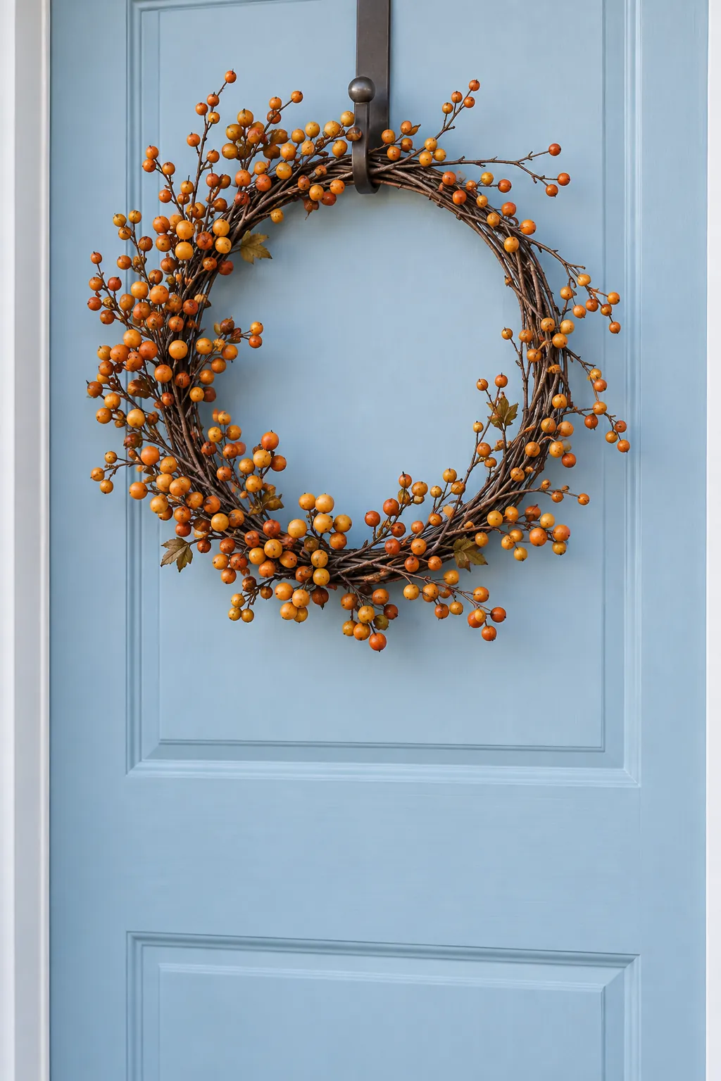 Amber berry twig wreath on a pale blue entrance door