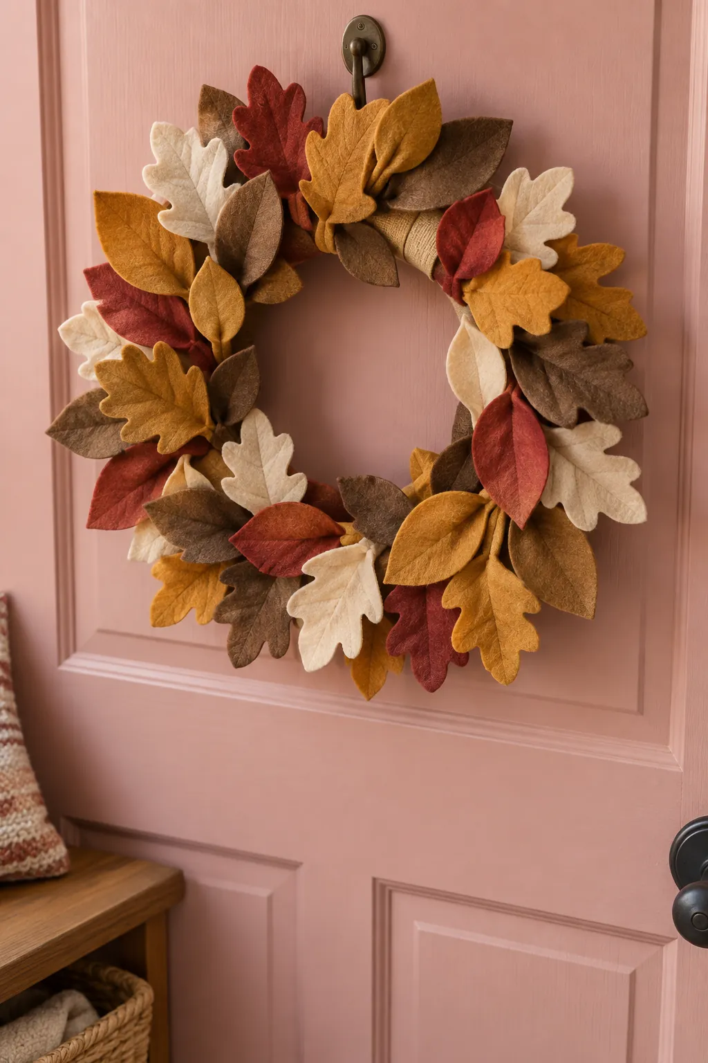 Ocher and cream felt leaf wreath in an enclosed entry