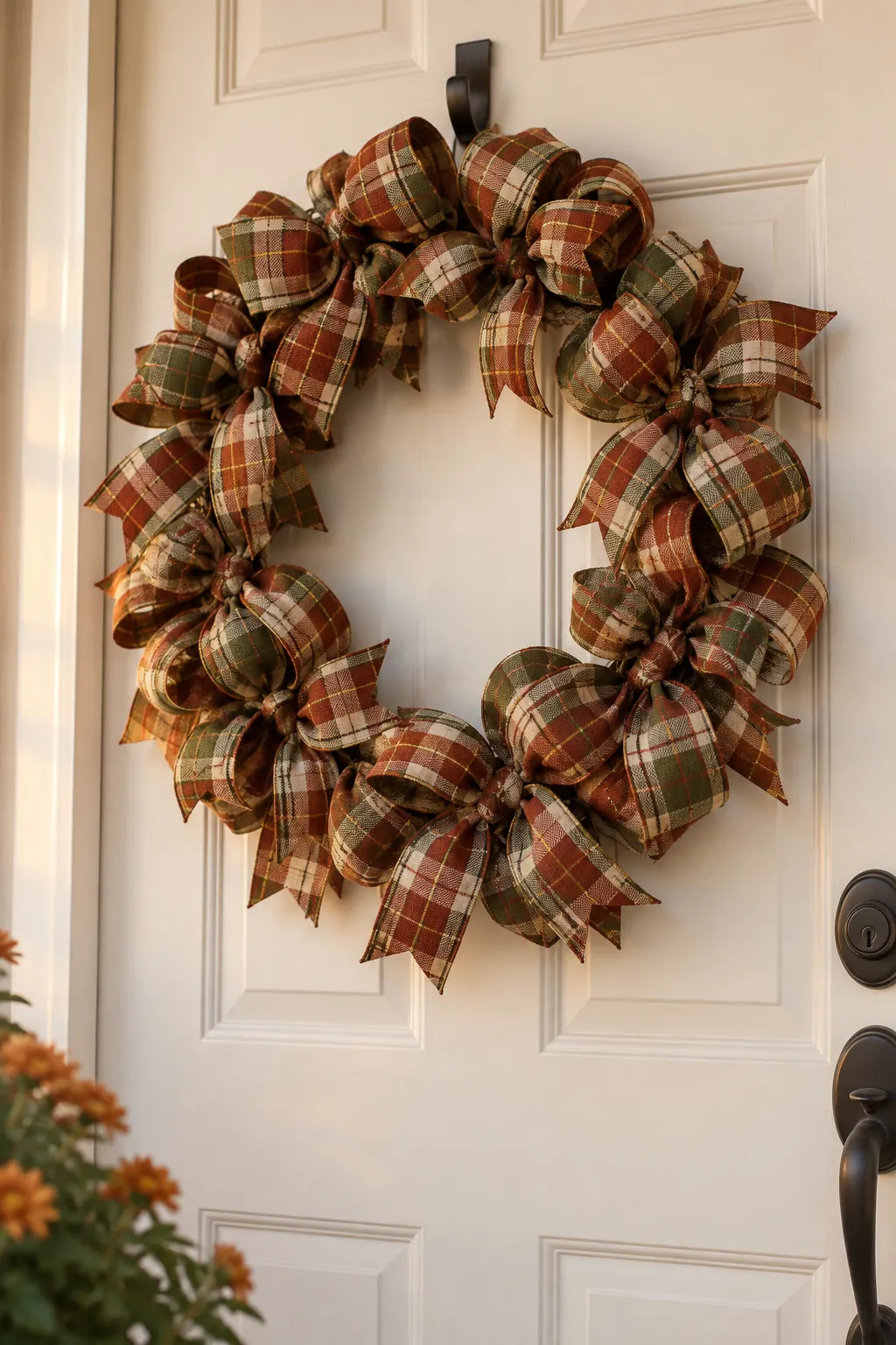 Rust and olive plaid ribbon wreath