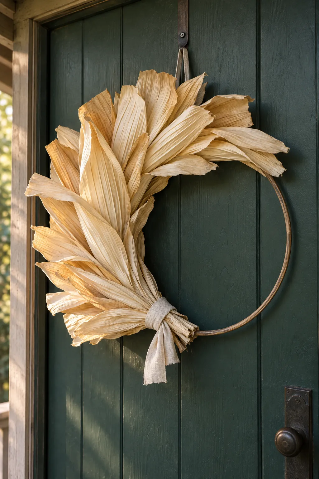 Natural corn husk crescent wreath on a dark green door