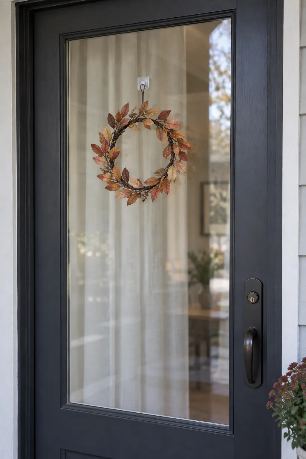 Small open autumn wreath on a glass door panel