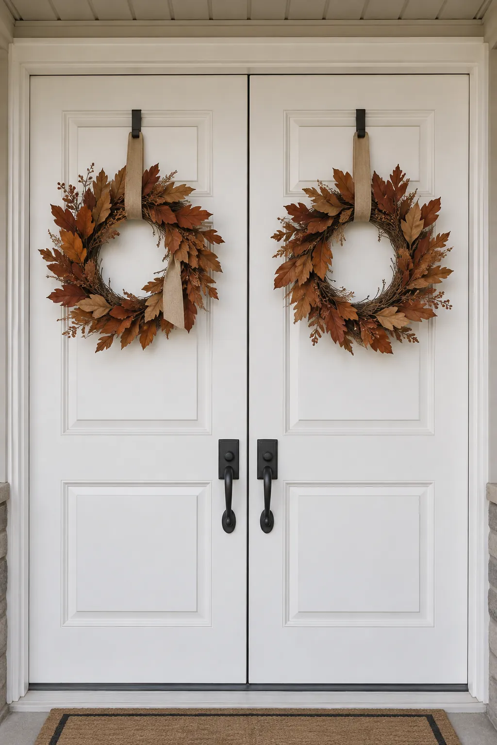 Paired restrained autumn wreaths on double doors
