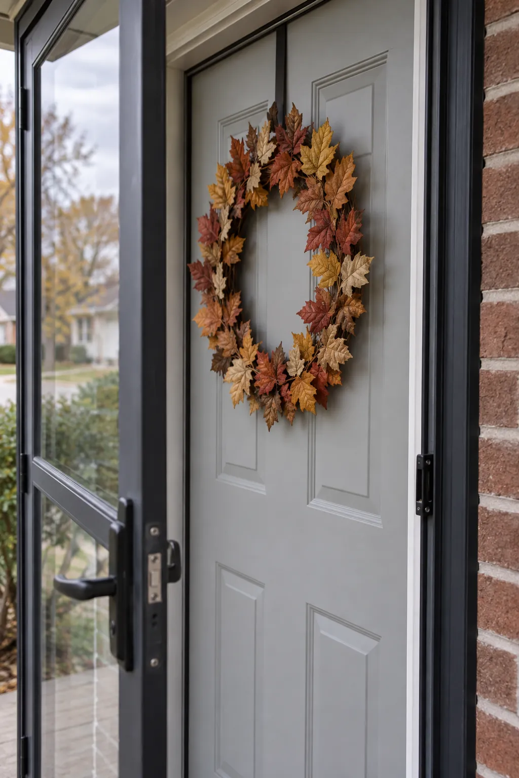 Thin autumn leaf wreath behind a storm door