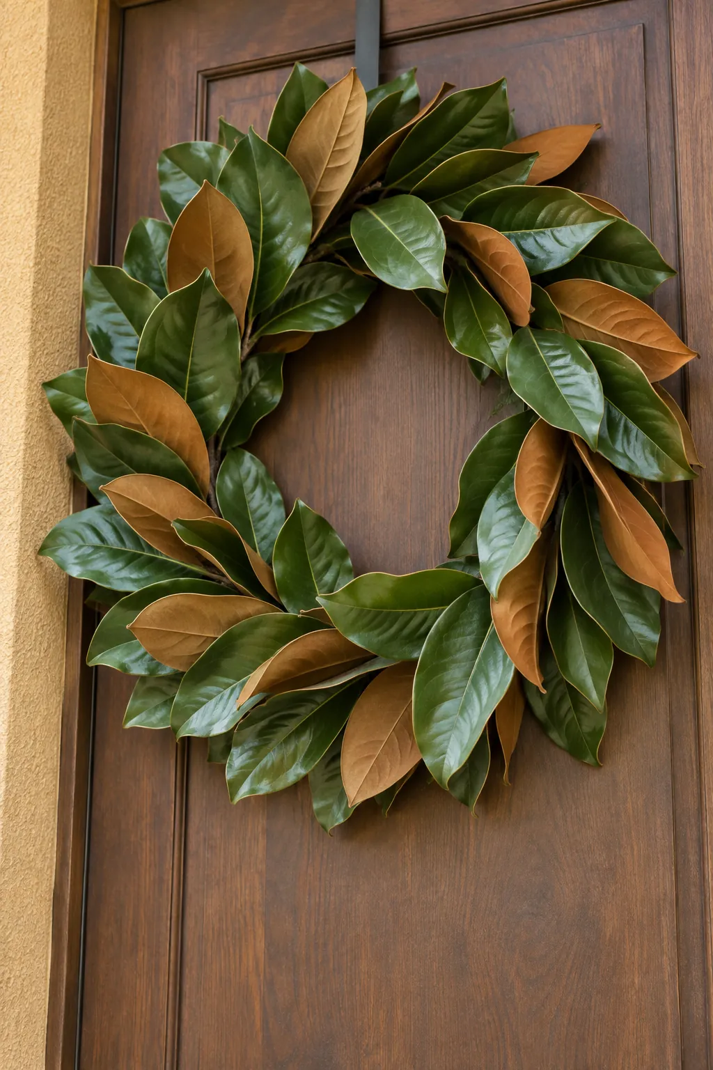 Magnolia wreath showing green fronts and copper leaf backs