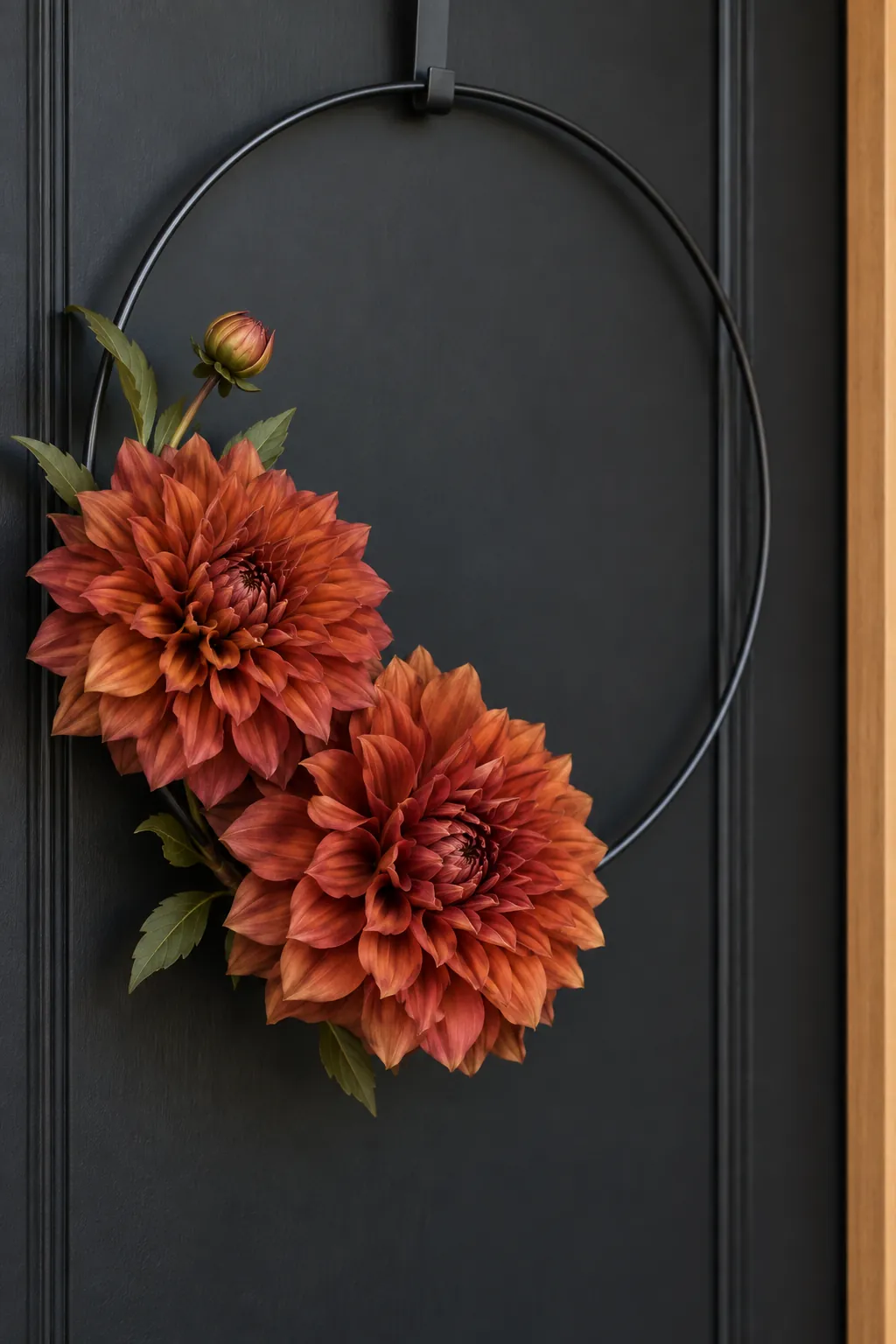 Rust dahlia asymmetric black wire wreath
