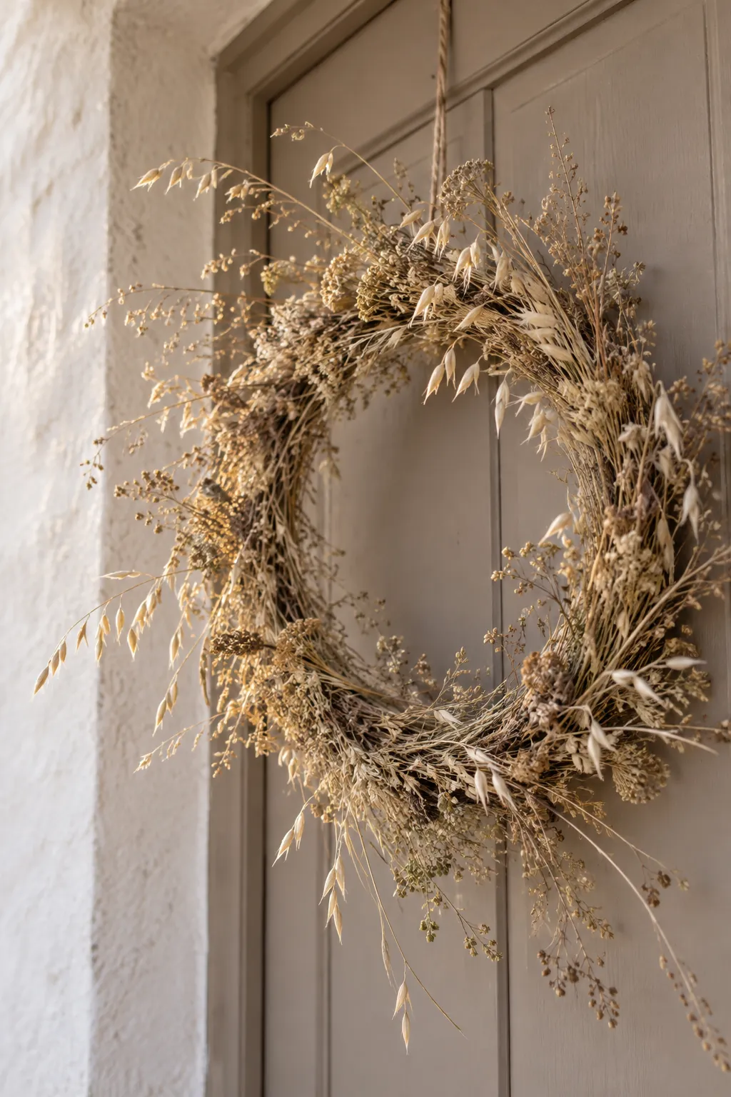 Airy seed head meadow wreath in a sheltered porch