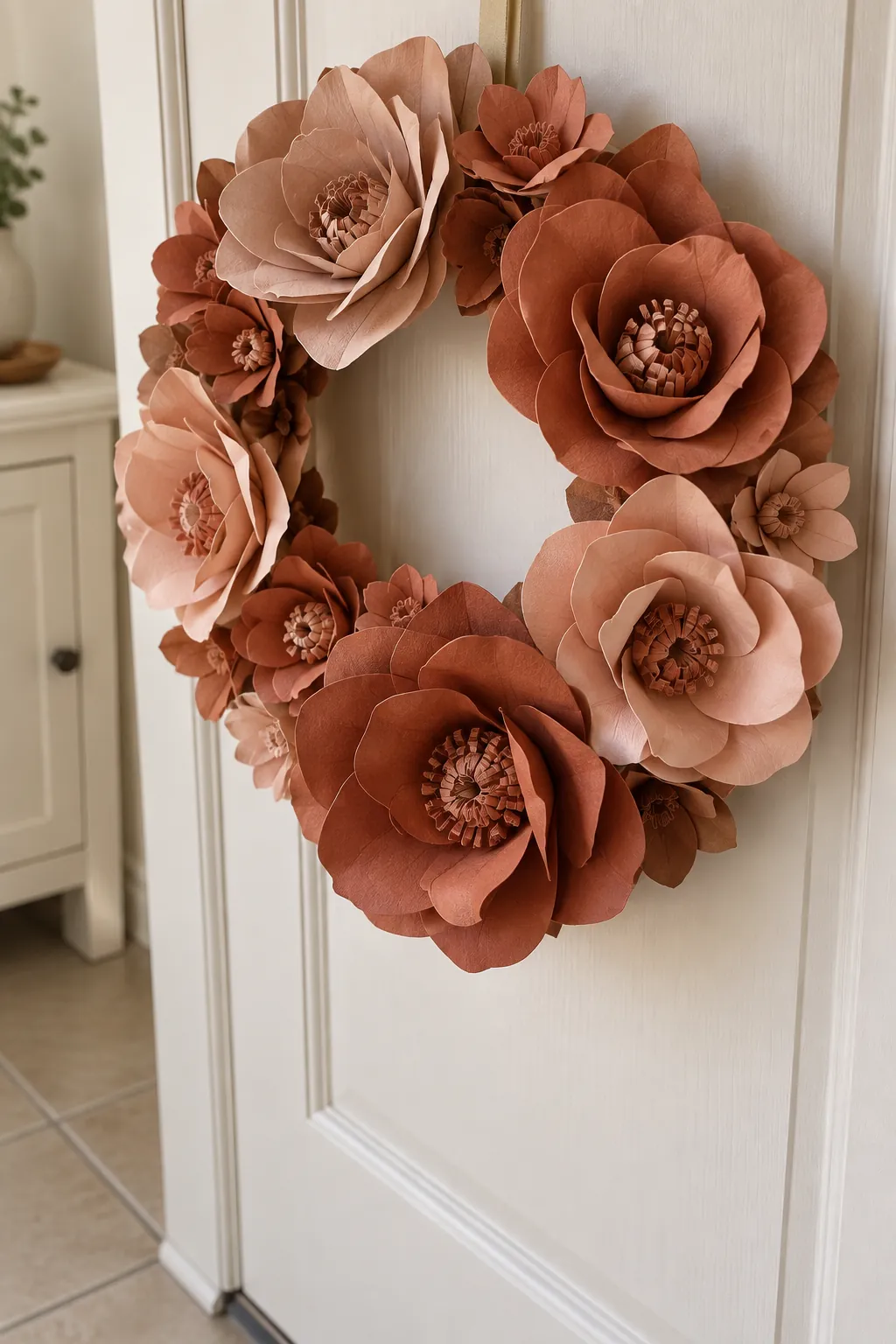 Terracotta folded paper flower wreath inside a vestibule