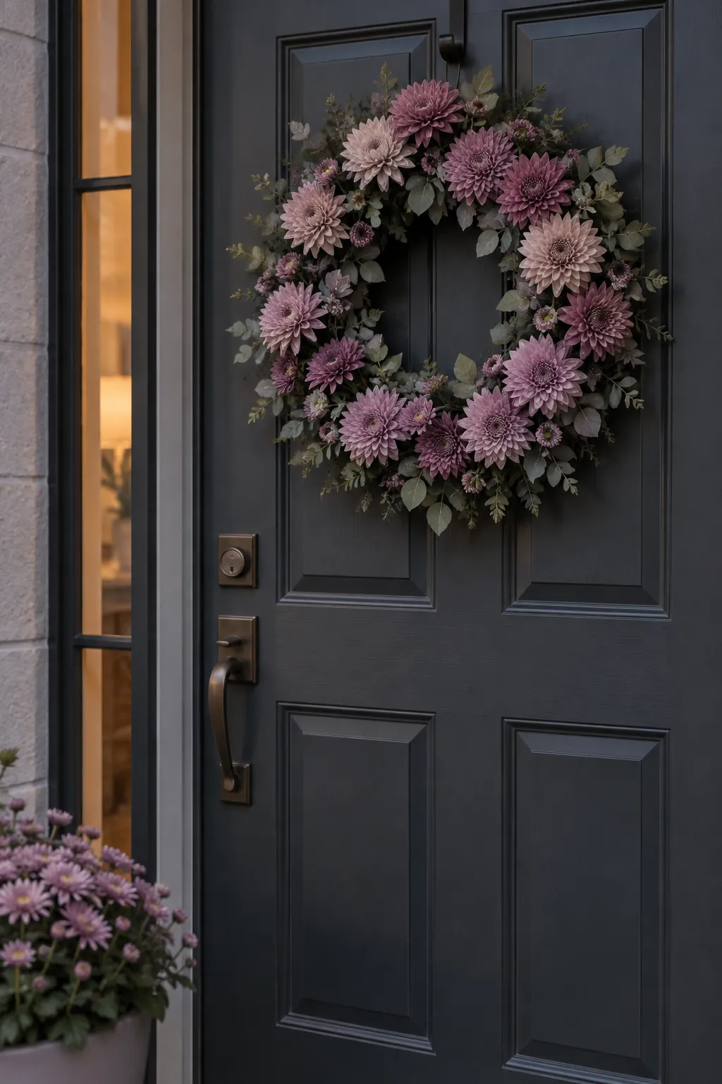 Muted mauve chrysanthemum wreath on charcoal door
