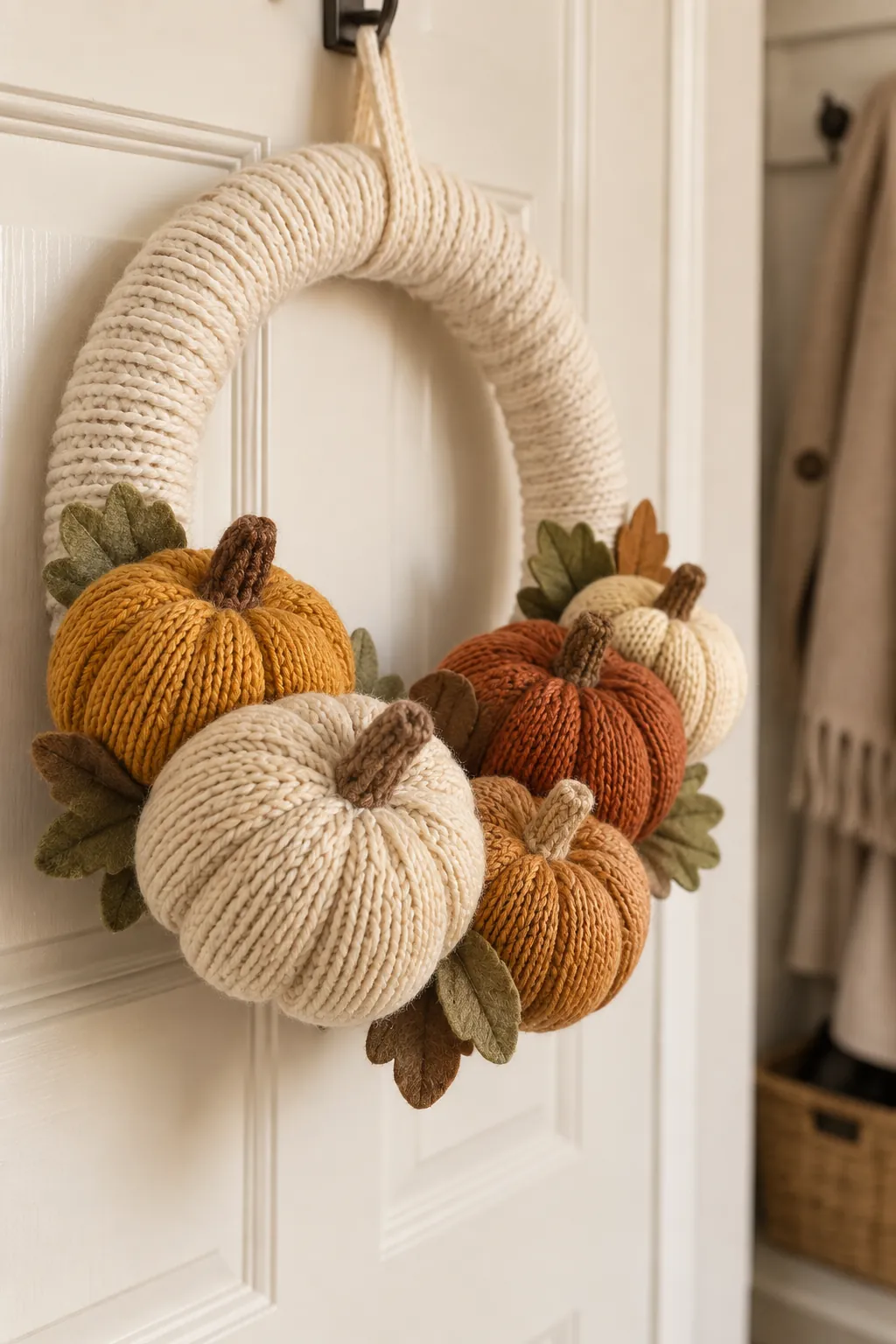 Knitted miniature pumpkins on a yarn wrapped wreath