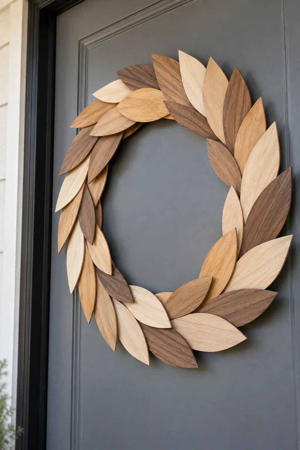 Overlapping thin wooden leaf wreath