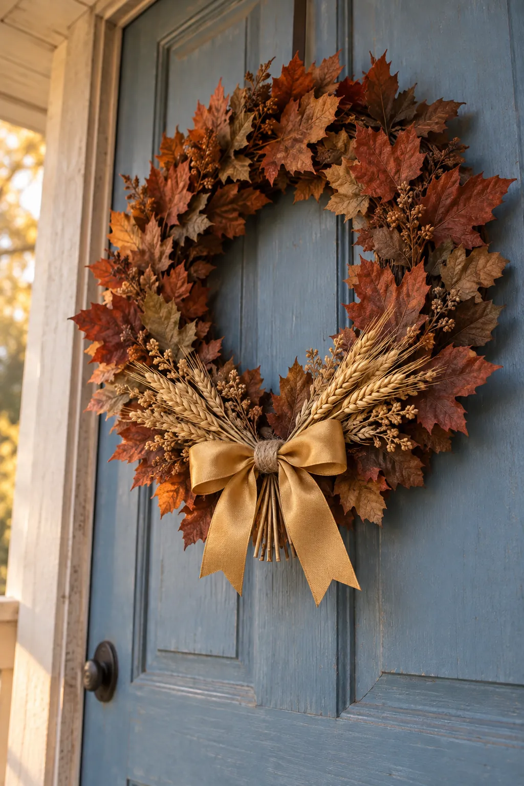 Autumn leaf wreath with detachable wheat and gold ribbon accent