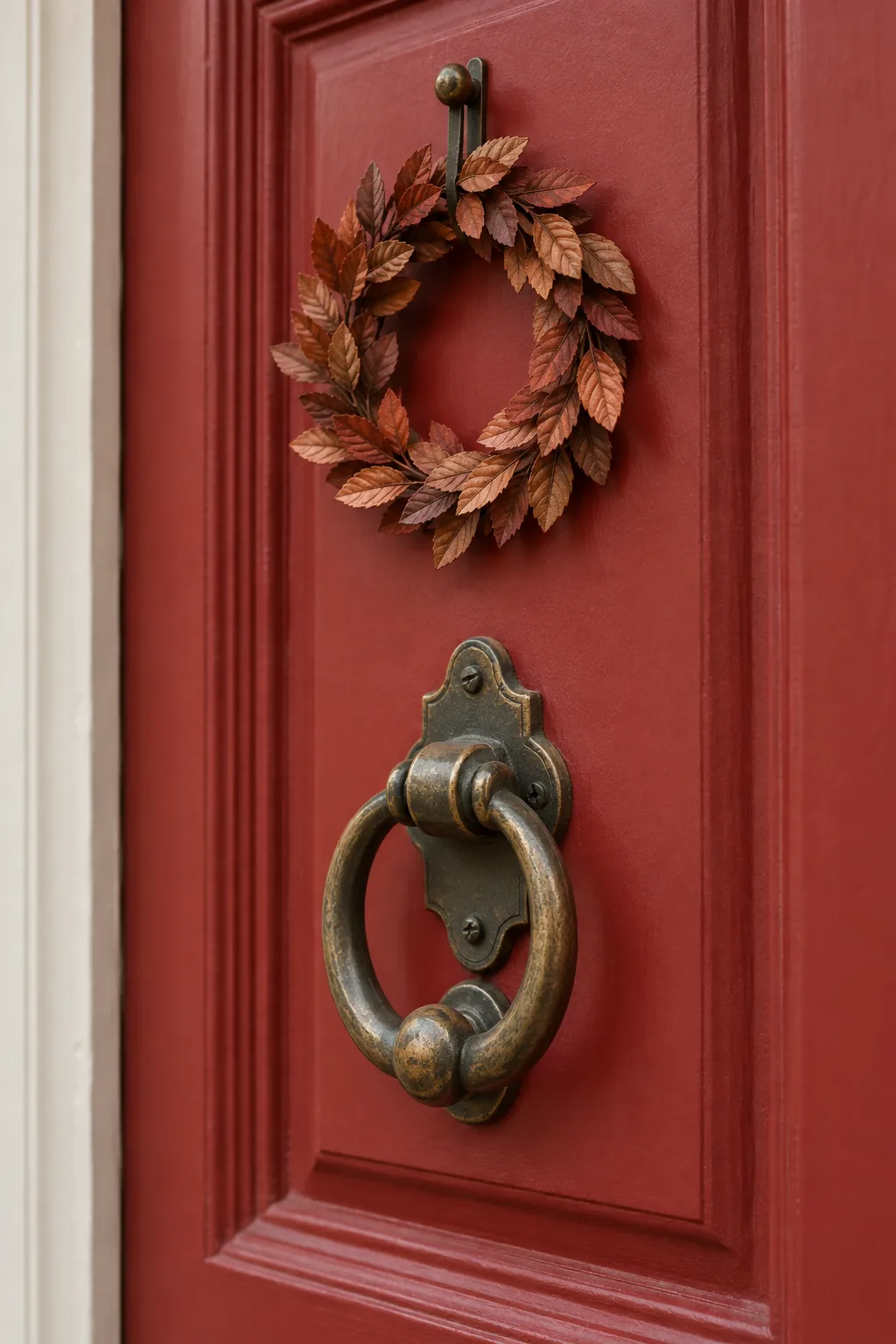 Tiny copper foliage wreath above a working door knocker