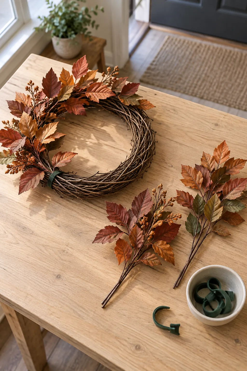 Twig wreath with removable autumn branches beside organized supplies
