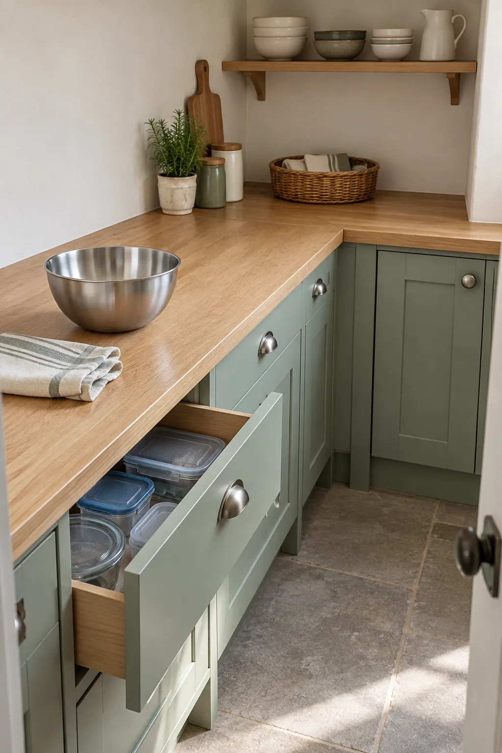 L shaped pantry counter with a clear working area and accessible corner storage