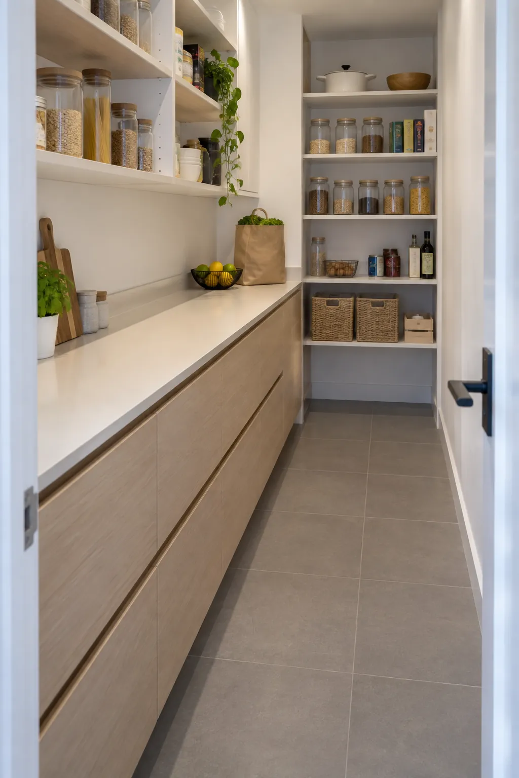 Walk in pantry with a clear countertop and practical everyday storage