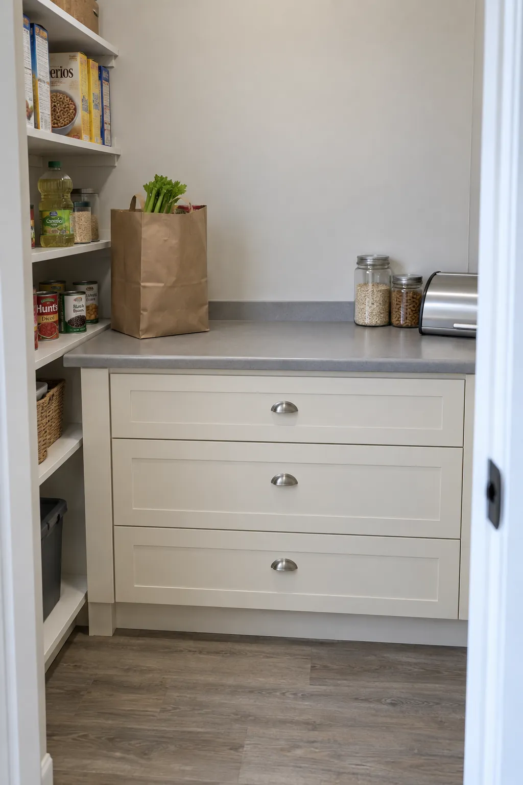 A clear pantry countertop with a grocery landing area beside everyday storage