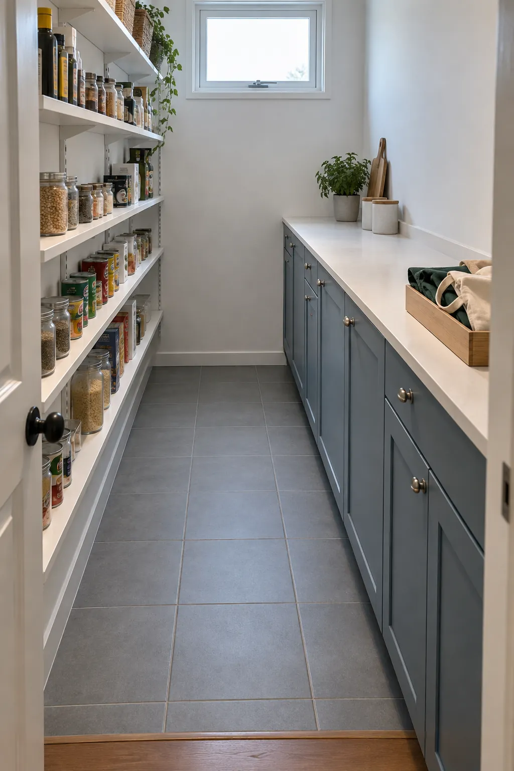 Narrow walk in pantry with a counter on one side and shallow shelves opposite