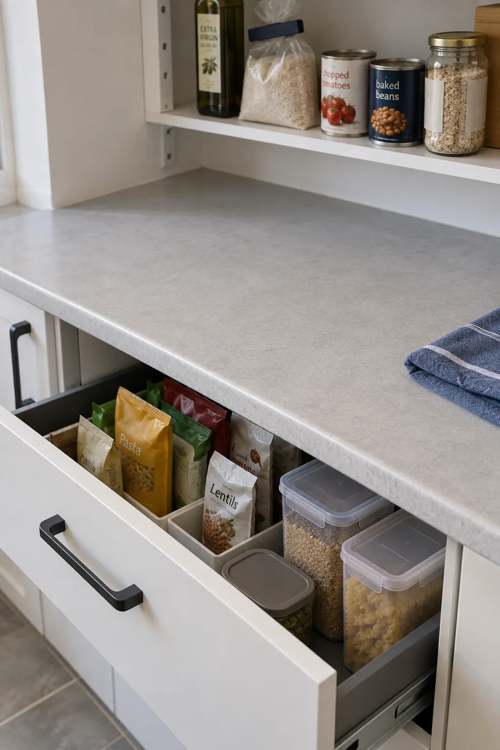 Durable pantry worktop with practical drawers and varied everyday food storage