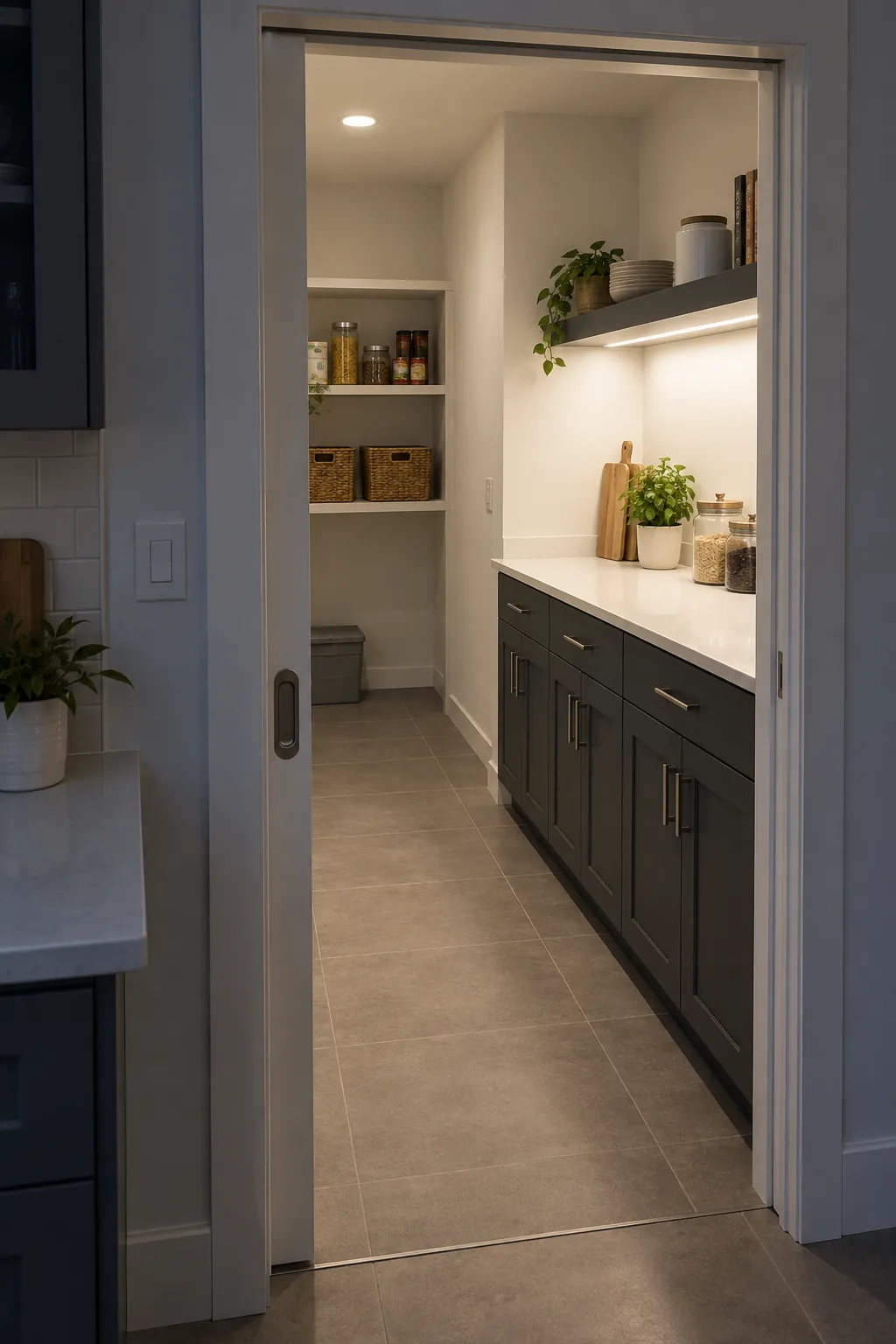 Pantry doorway with a clear walking route and evenly illuminated countertop