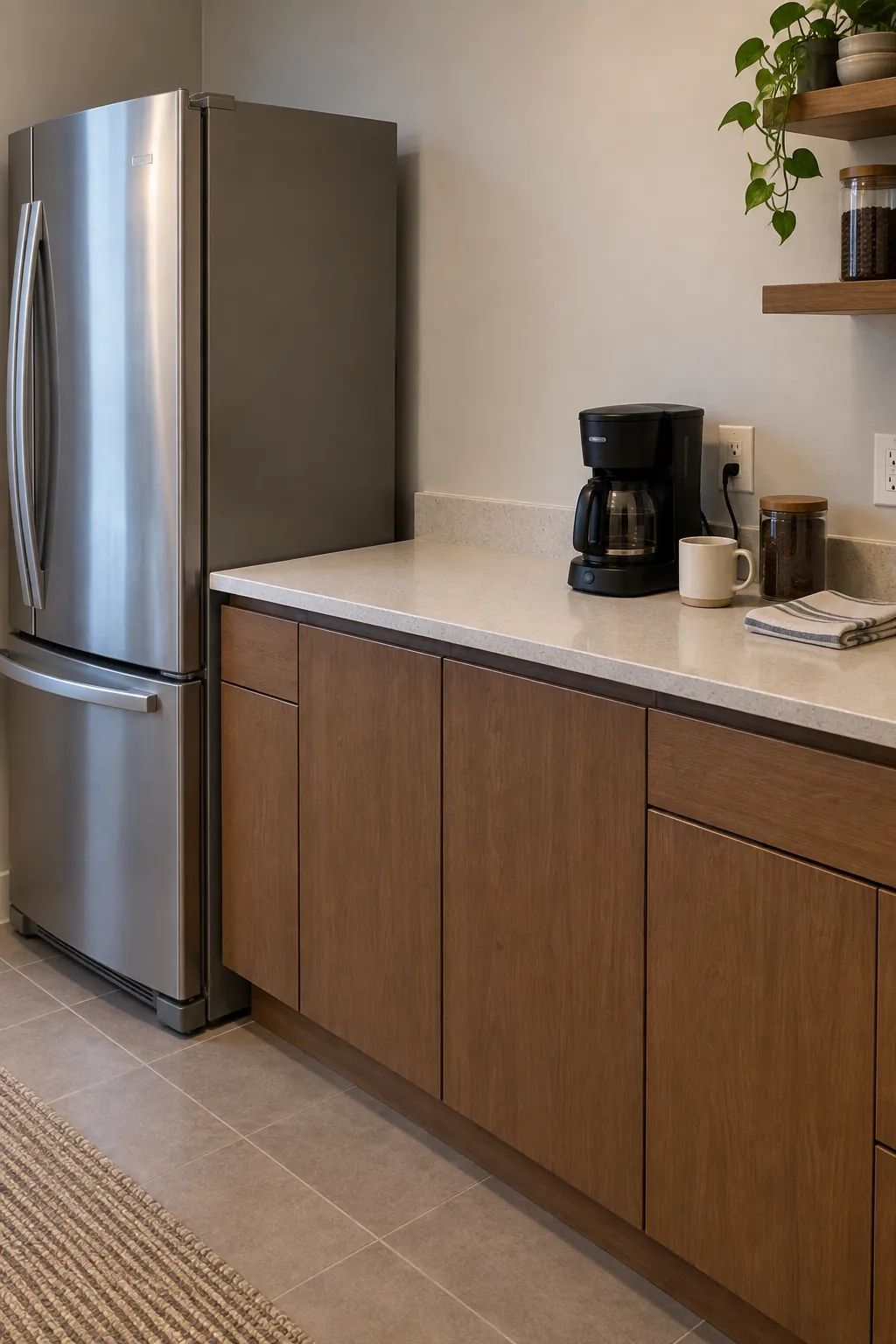 Pantry appliance counter with open space above and a refrigerator beside a landing area