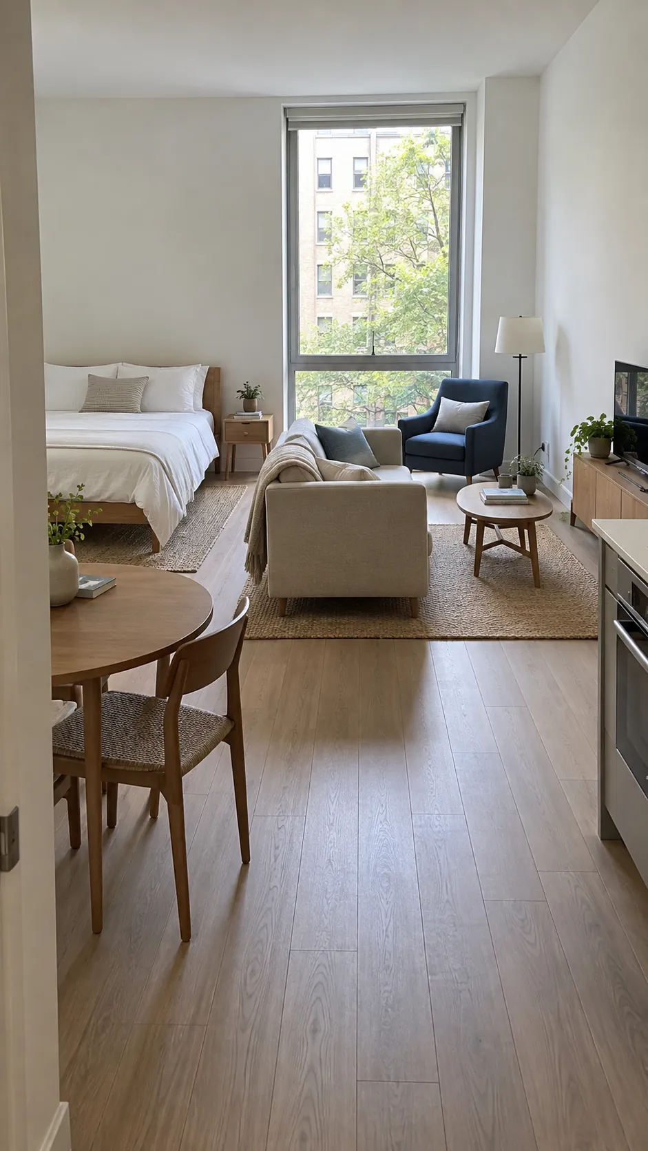 Compact studio with distinct sleeping and sitting zones and a clear walking route