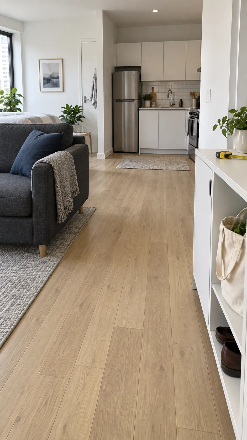 Photograph the clear everyday circulation route in a modest studio apartment, making the relationship between the entrance, sitting area and distant kitchenette immediately understandable