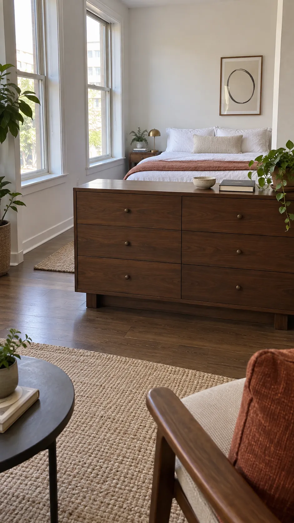 Show a partial room divider that screens the lower part of a studio bed without shutting away the daylight