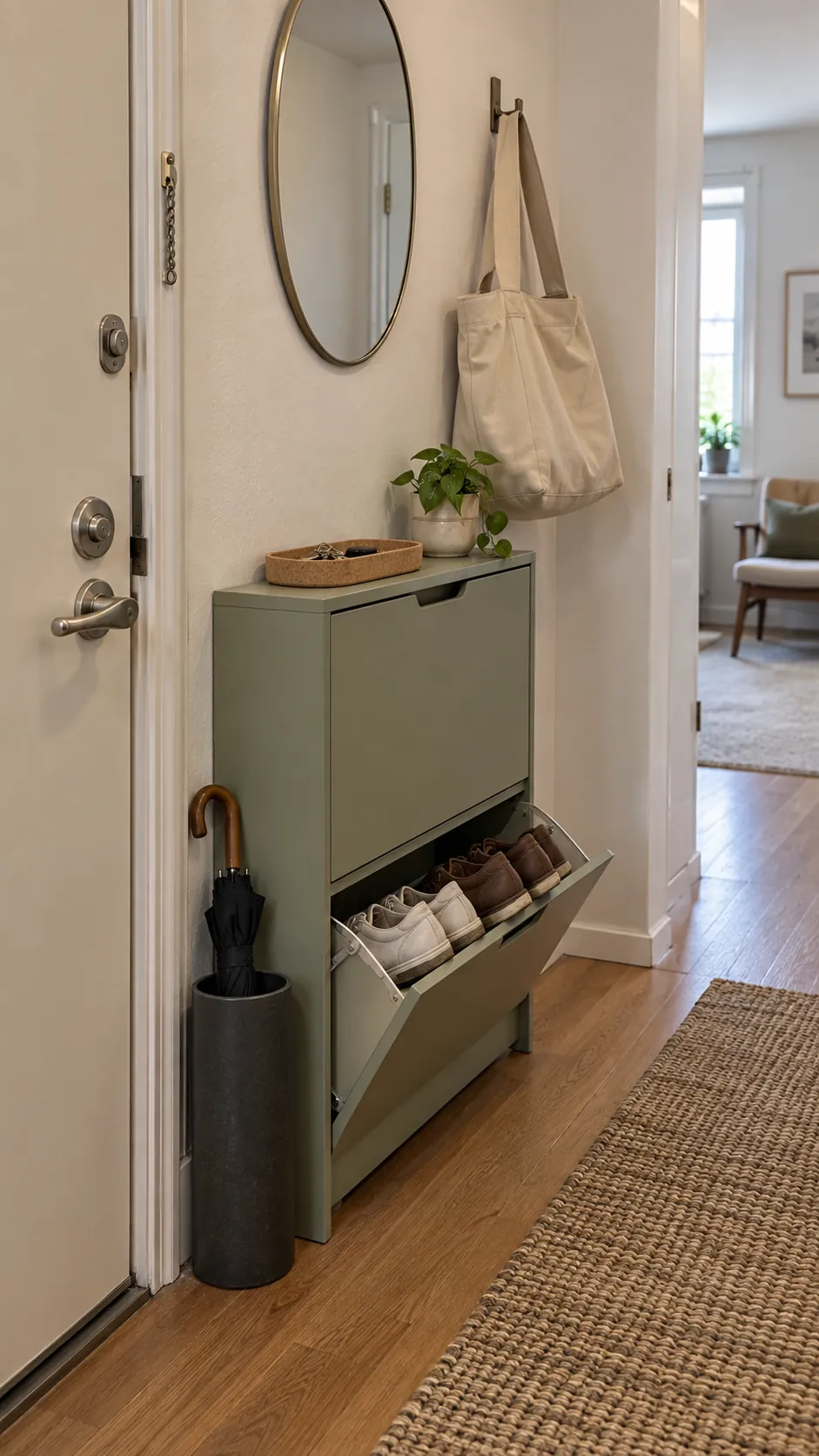 Photograph useful storage at the point where belongings enter a small studio