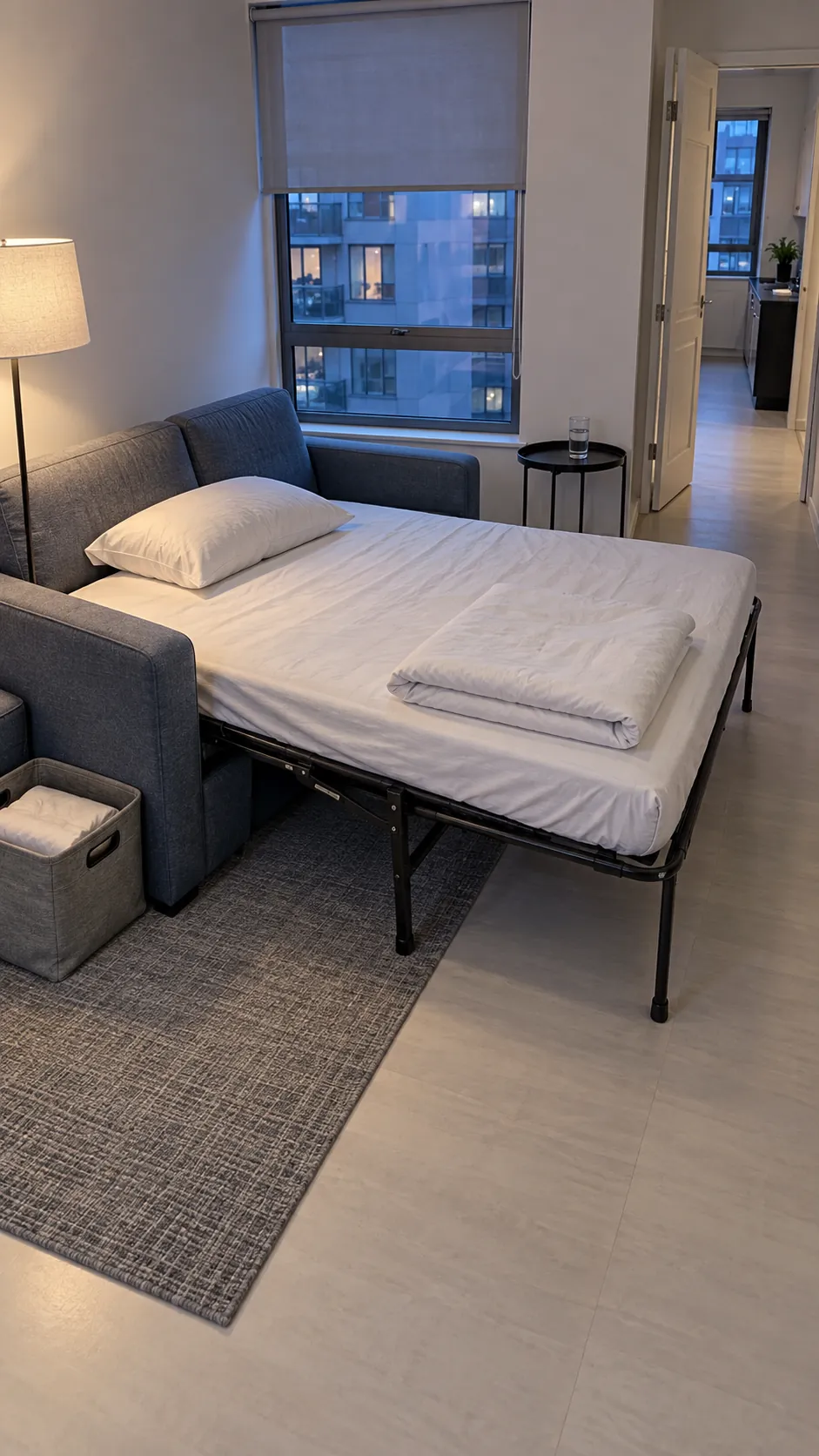 Photograph a compact sofa bed opened for the night, showing the clearance it requires and the deliberate parking place for a small movable table