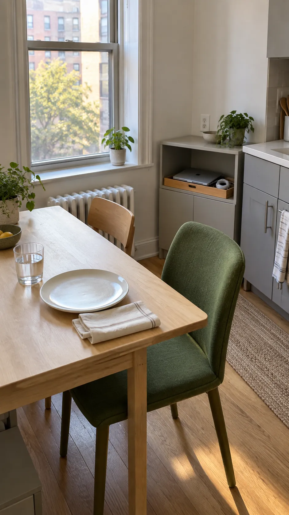 Capture a small dining table that also serves as a practical work surface in a studio apartment