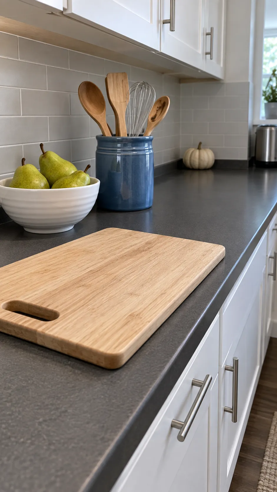 Finish with a countertop that still works in a blue and white fall kitchen
