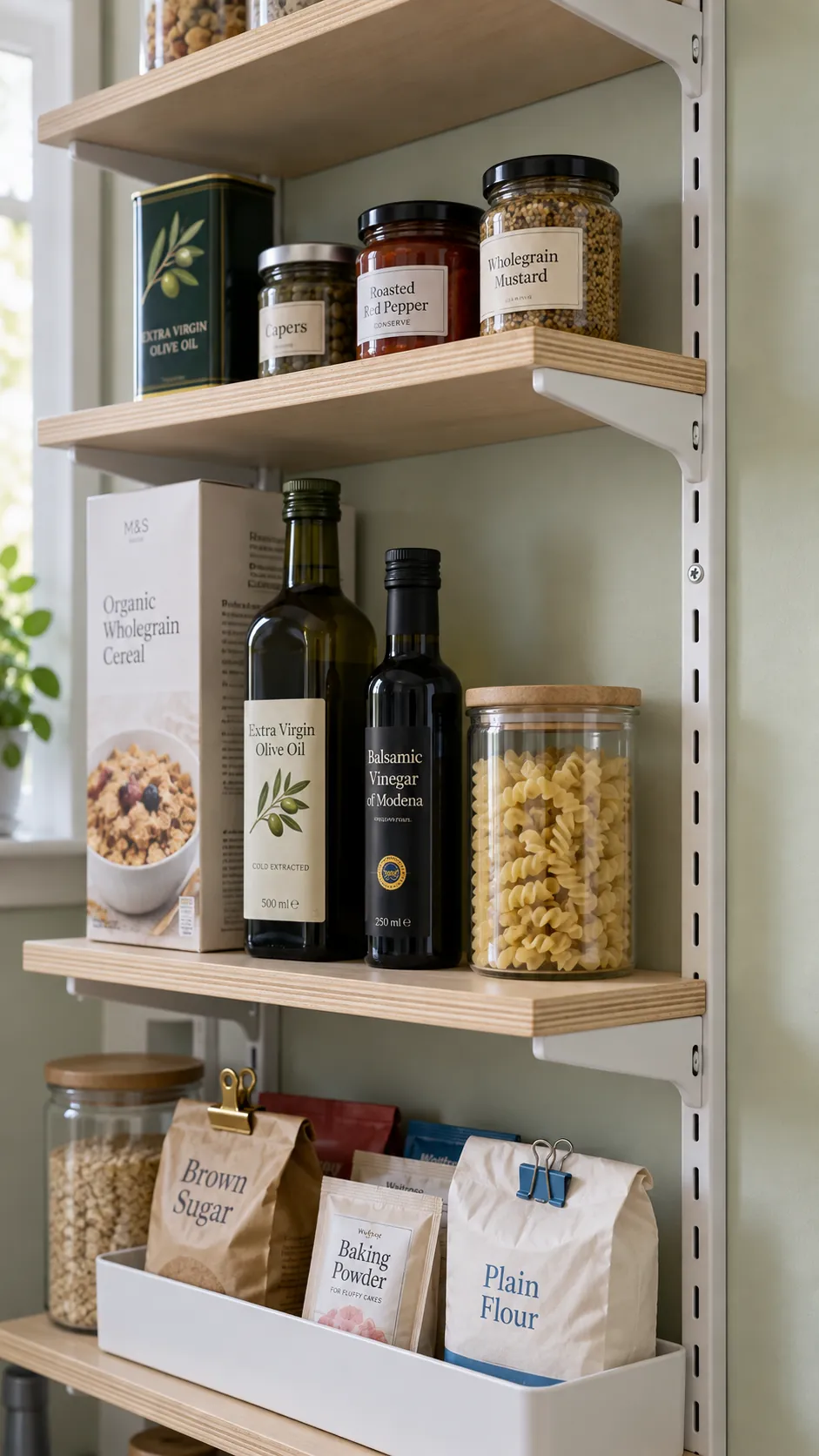 Adjustable pantry shelving with different clearances for jars and tall bottles