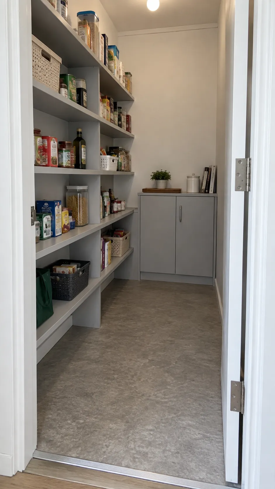 Walk in pantry with an open central passage and clearly visible storage