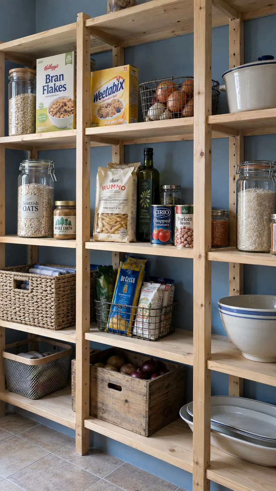 Pantry shelves arranged around varied everyday groceries and serving pieces