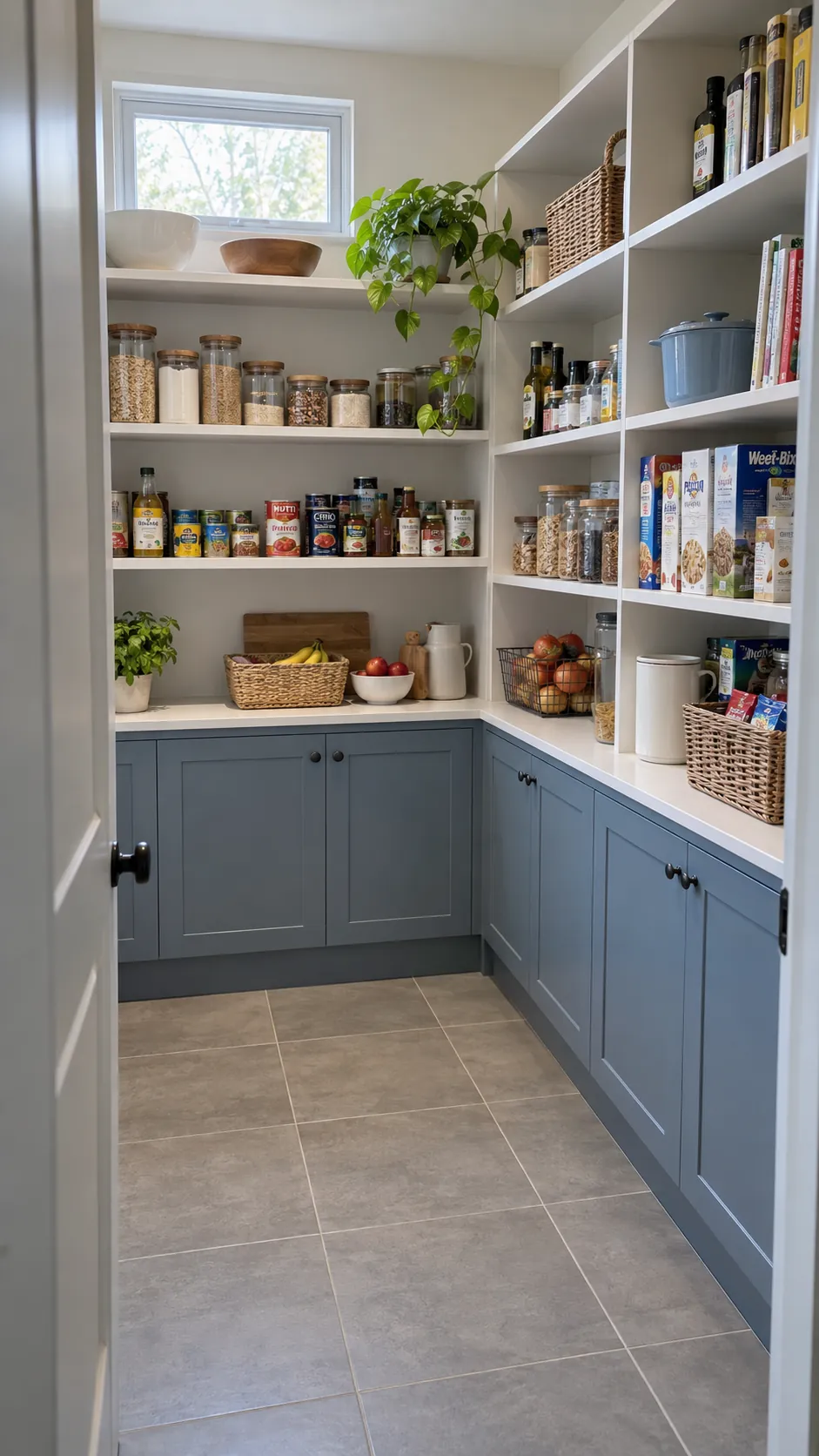Walk in pantry design with visible food storage and a clear aisle