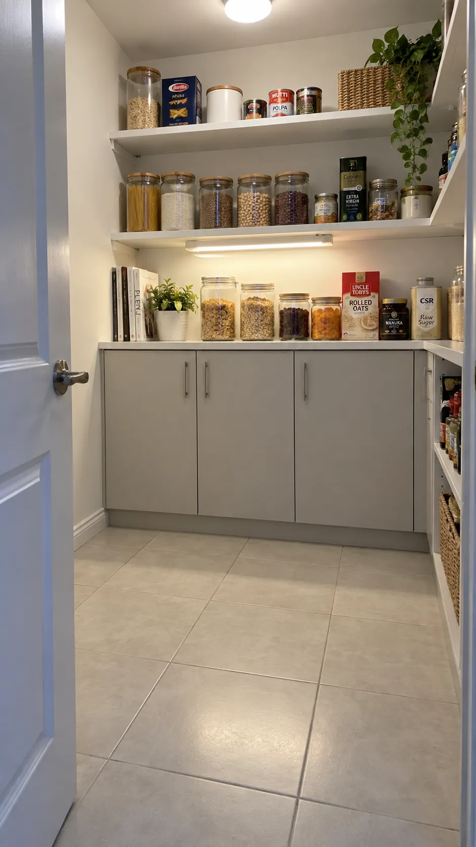 Well illuminated pantry shelves above a clear washable floor