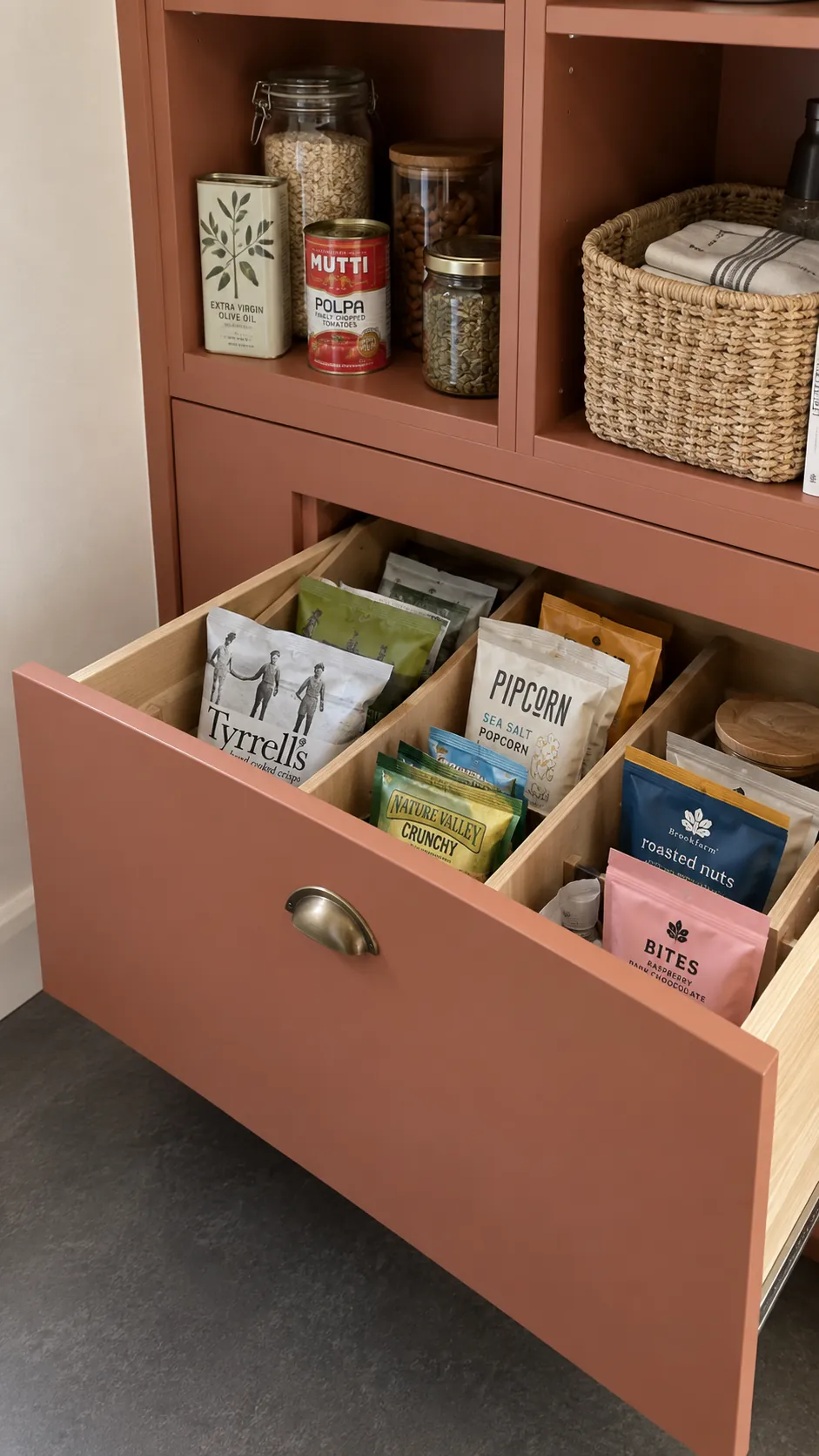 Pantry cabinet combining visible shelves with a practical lower snack drawer