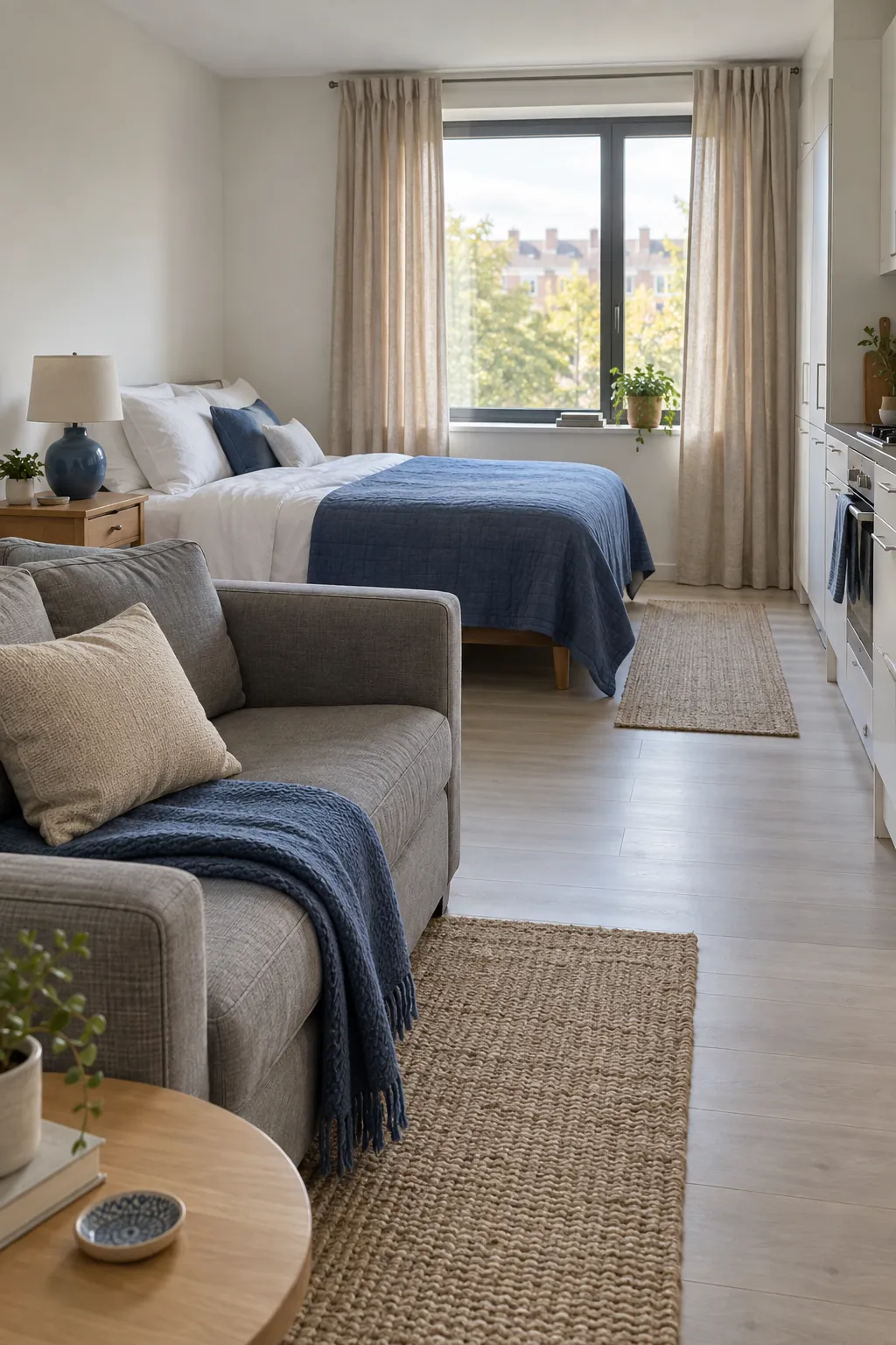 Blue textiles connecting the sofa and bed in a single room apartment