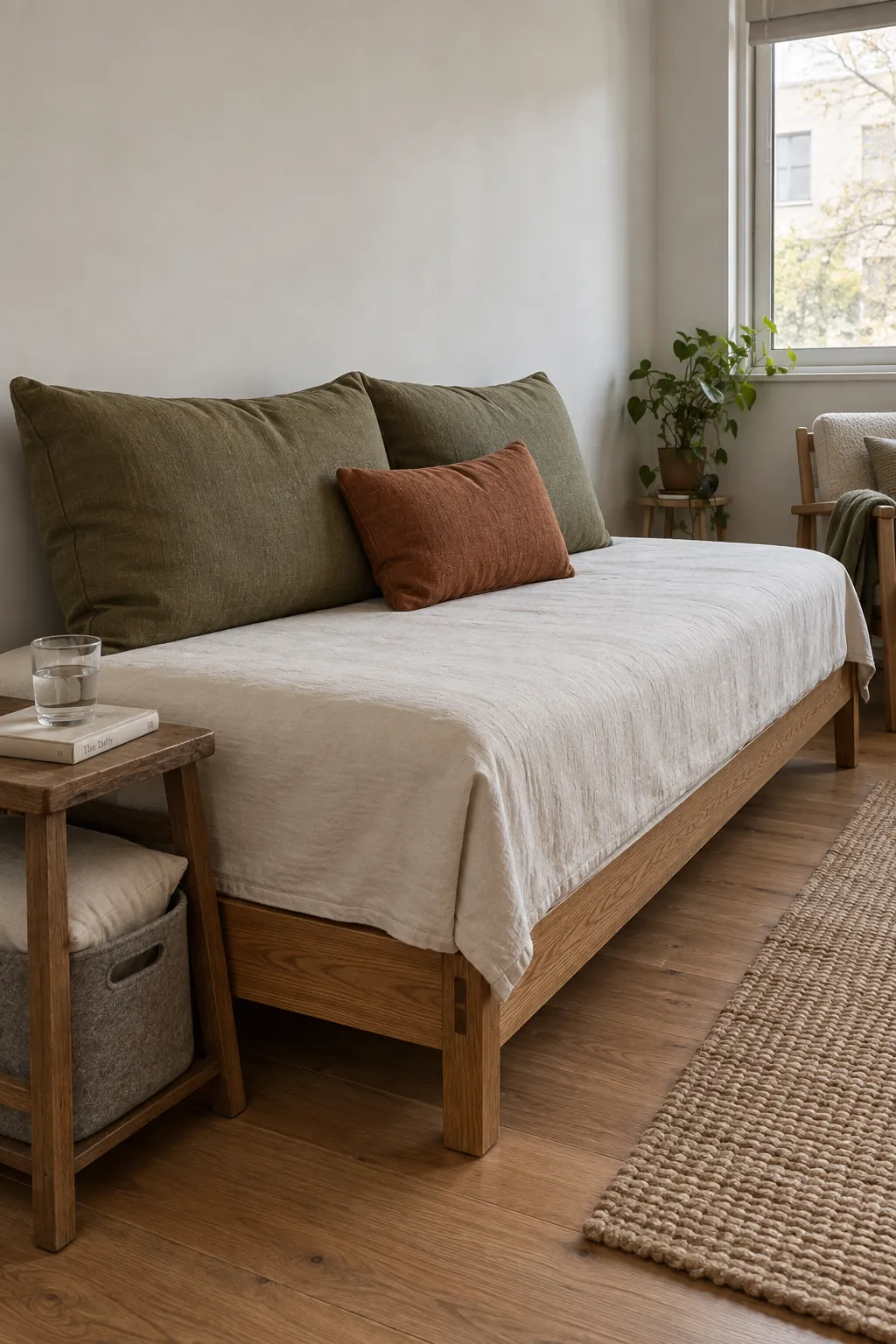 Daybed with a simple cover and olive cushions