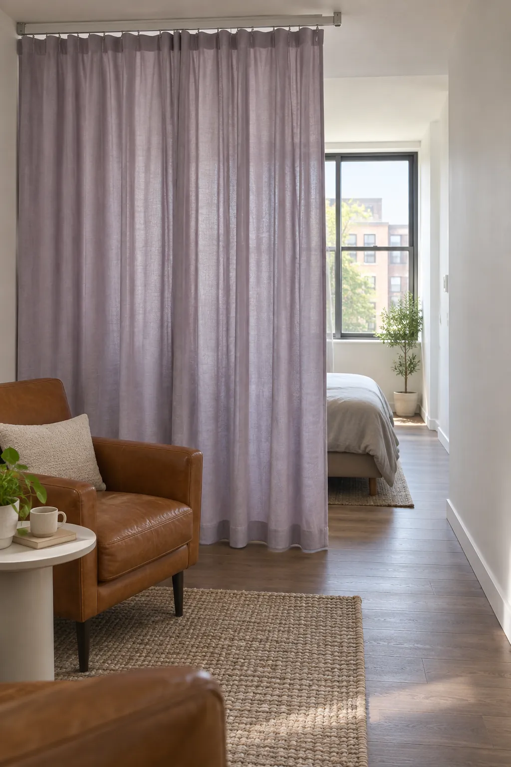 Partly drawn curtain separating sleeping and sitting areas