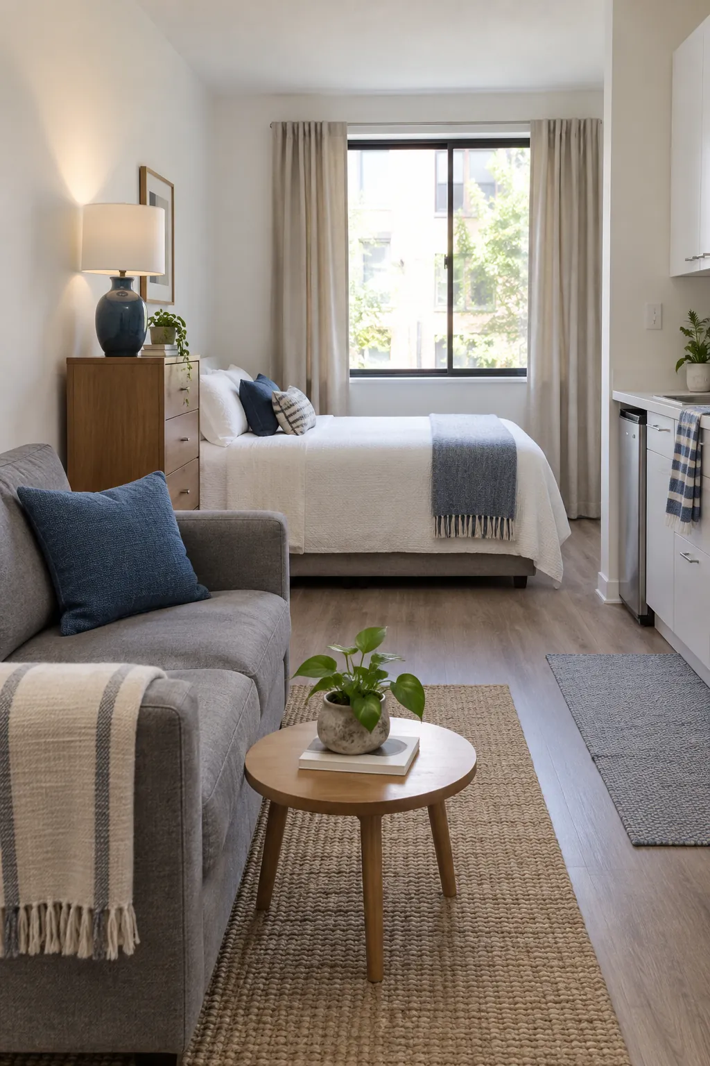 Cohesive single room apartment with blue accents and separate sleeping and sitting zones
