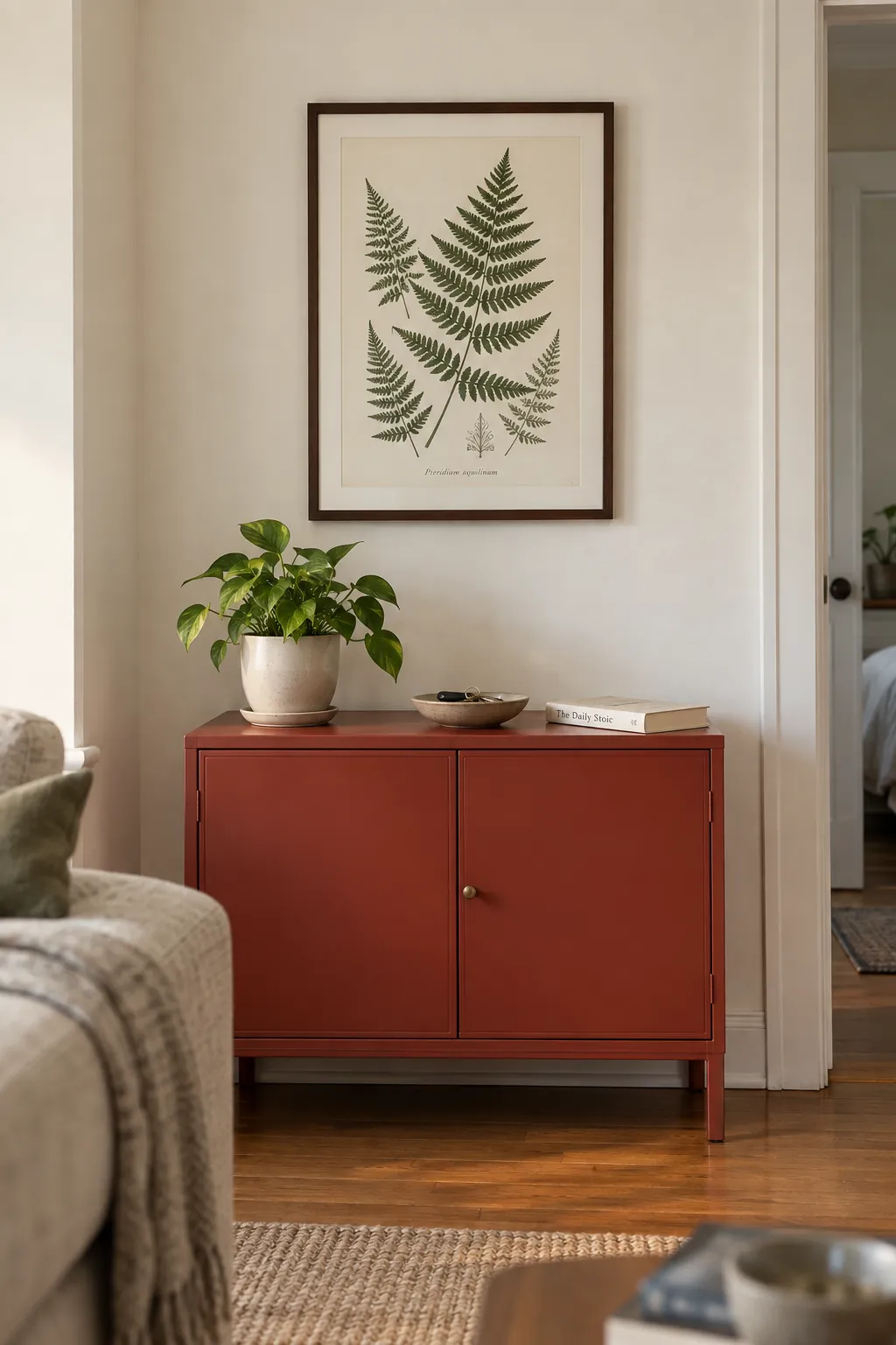 Fern print above a muted red cabinet in a compact apartment