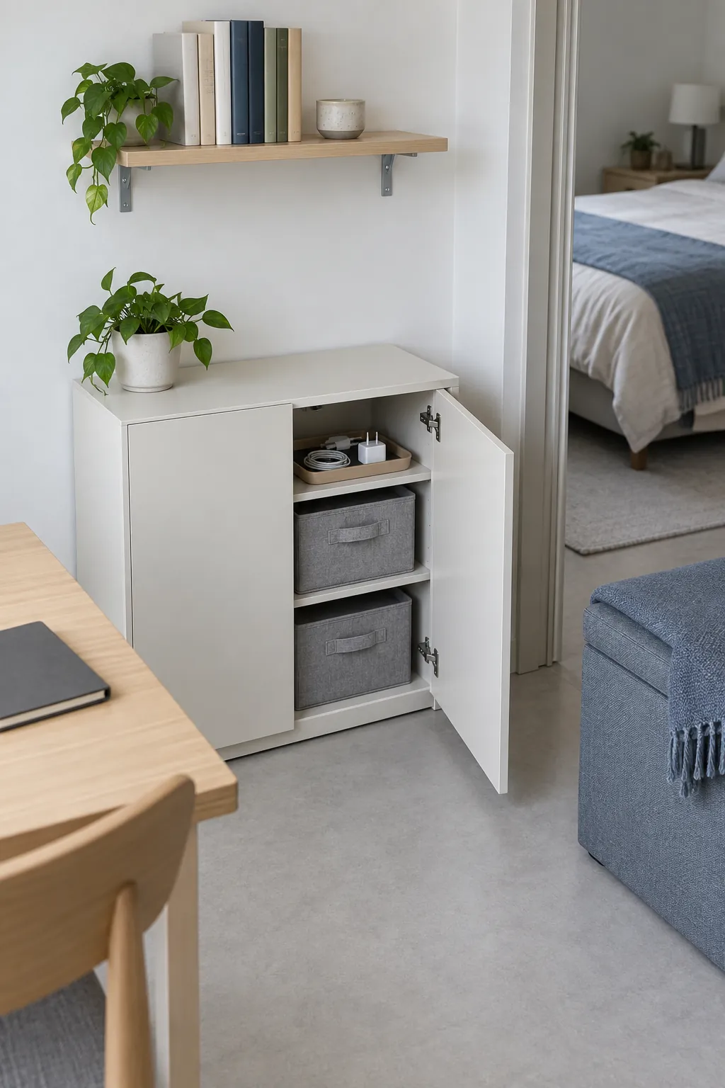 Closed cabinet with accessible storage boxes and books