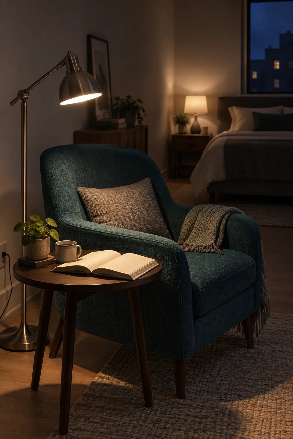 Separate reading and bedside lamps in a small apartment