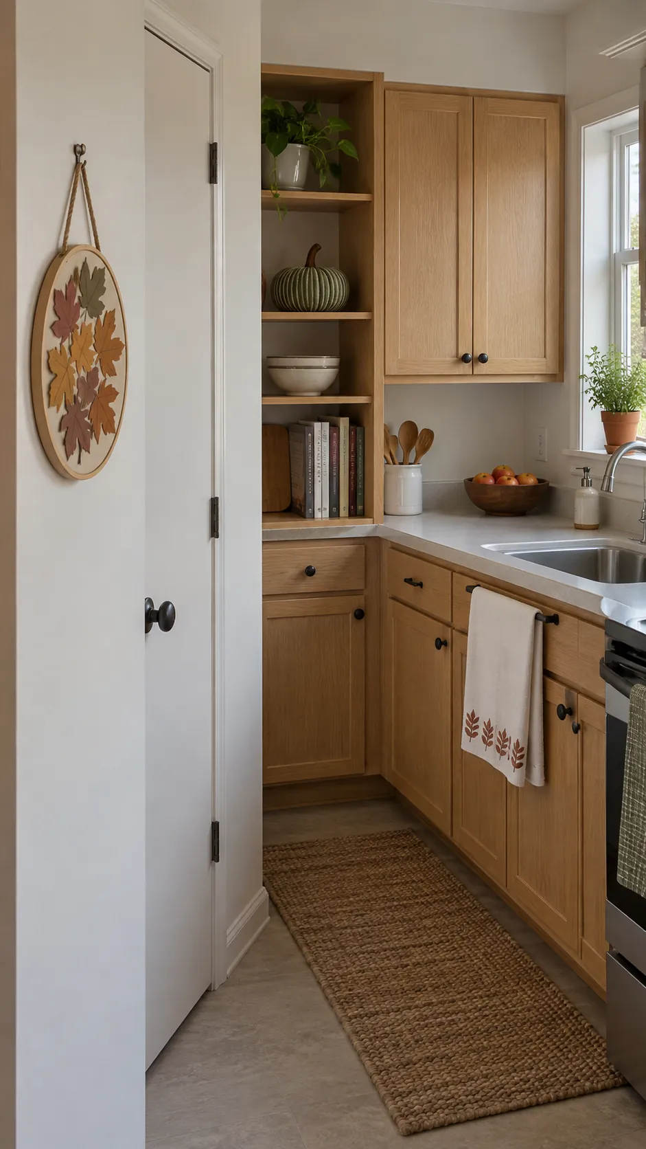 Homemade fabric pumpkin and paper leaf hoop in a practical fall kitchen