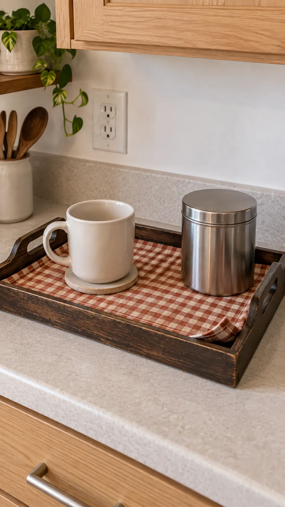 Give an old tray a removable autumn liner for homemade fall kitchen decor
