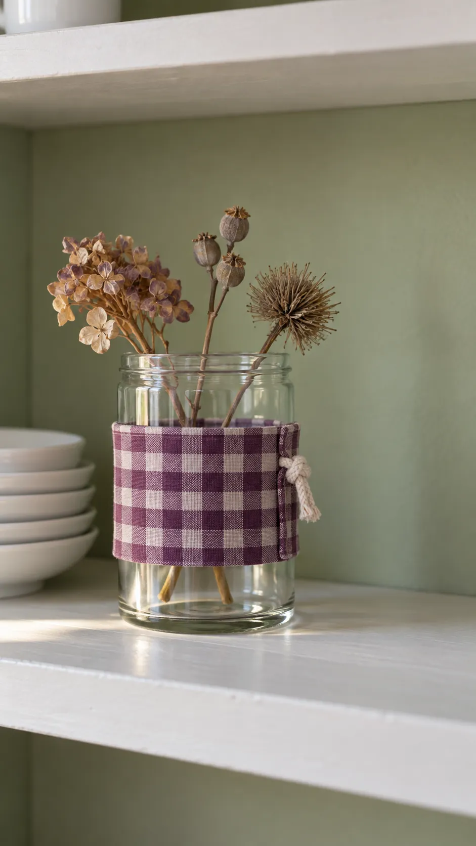 Wrap a jar vase with a removable fabric cuff for homemade fall kitchen decor