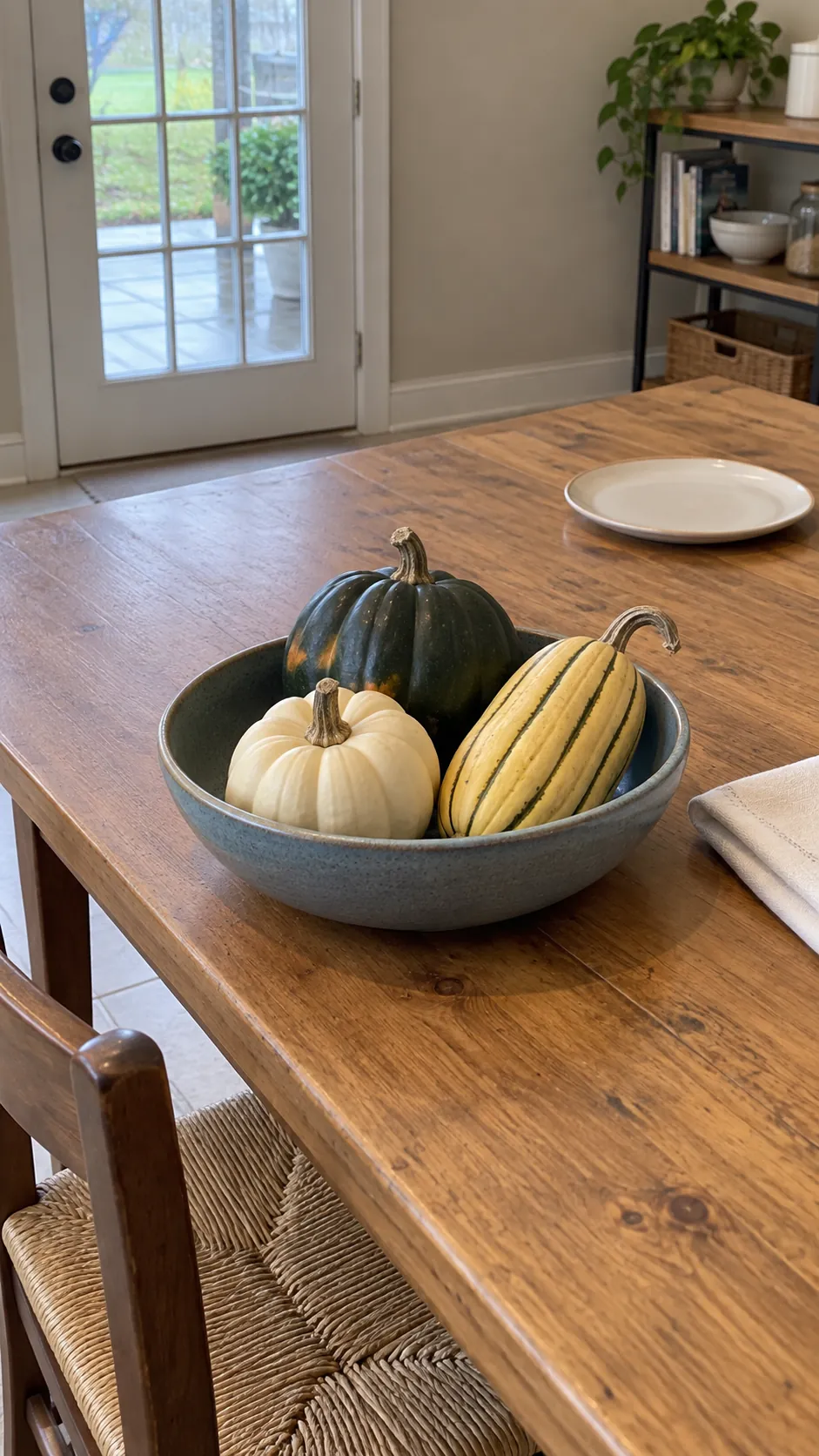Build a centerpiece from a bowl and seasonal produce for homemade fall kitchen decor